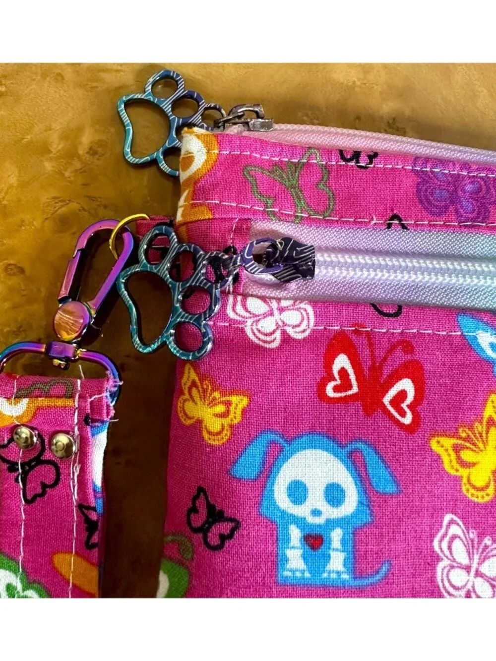 Skelanimals Pink Butterfly Print Wallet Wristlet Cotton Organizer Y2K Emo Scene